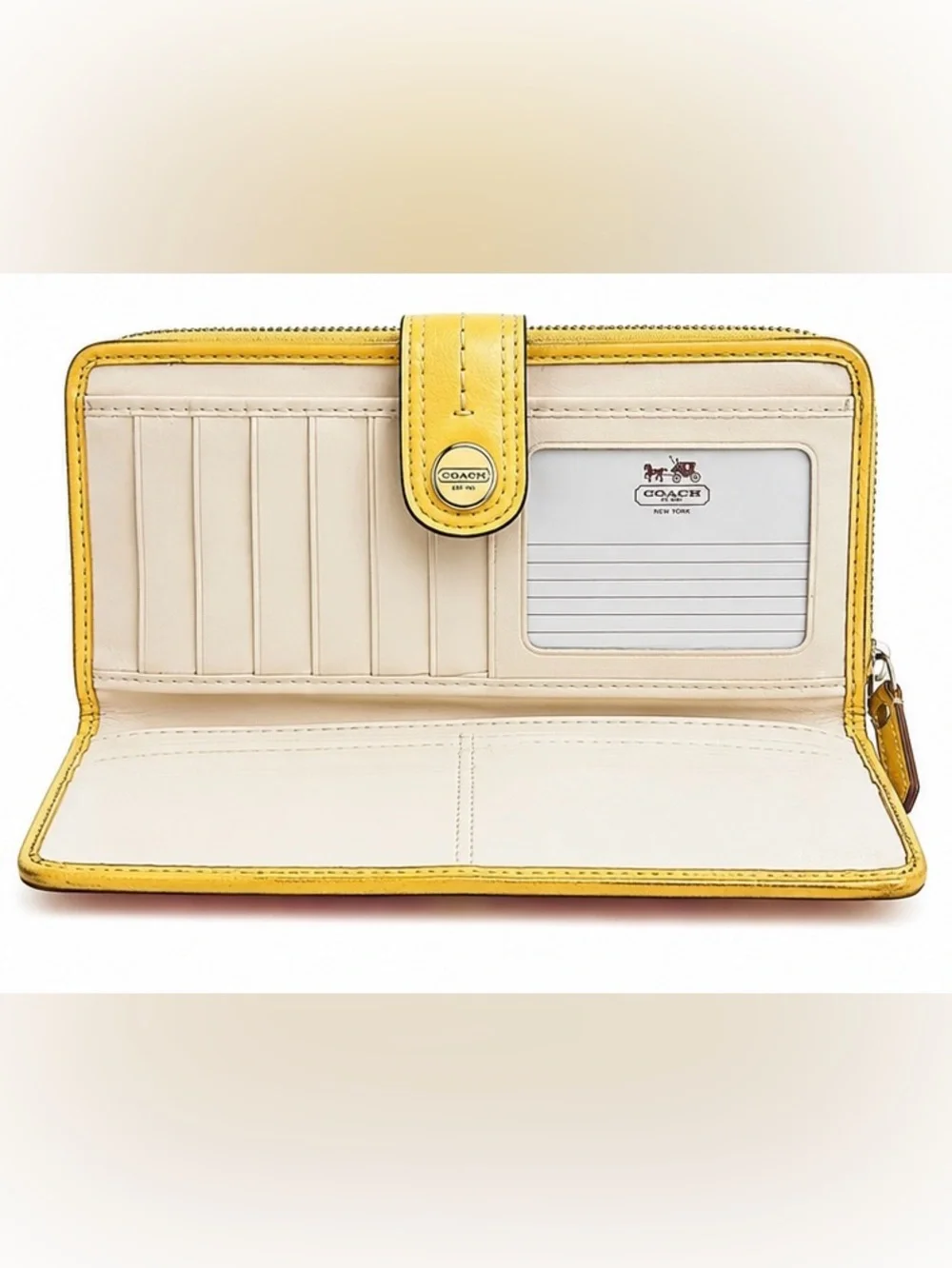 Coach Signature Pink Jacquard Zip Around Wallet Yellow Leather Trim